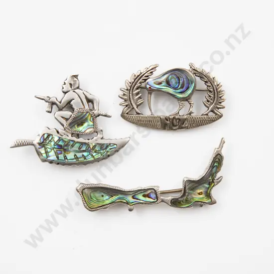 S/S and Paua NZ Island Brooch and Two Brooches