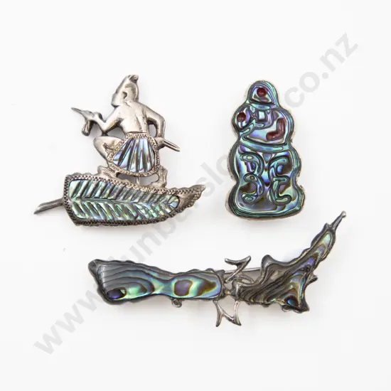 S/S and Paua NZ Island Brooch with Tiki and Warrior Brooches