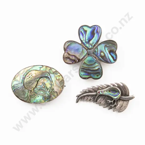 S/S and Carved Kiwi Paua Brooch and Two Brooches