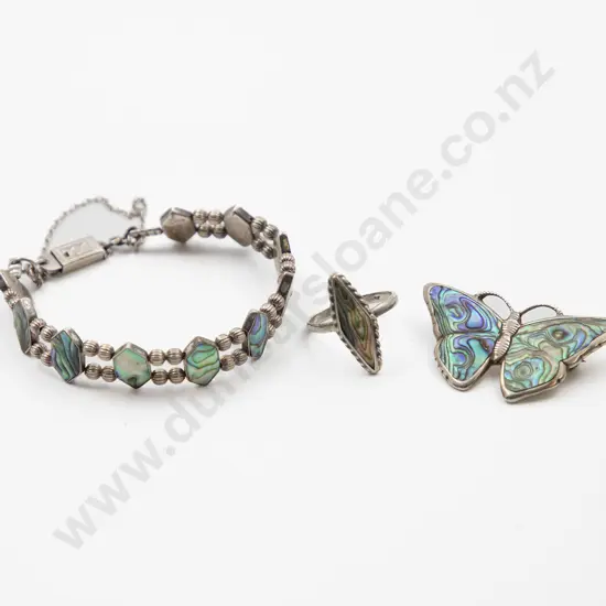 S/S and Paua Bracelet with Butterfly Brooch and Ring
