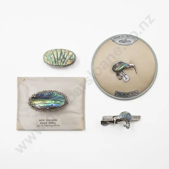 Part Original Boxed S/S and Paua Three Brooches and Tie Clip