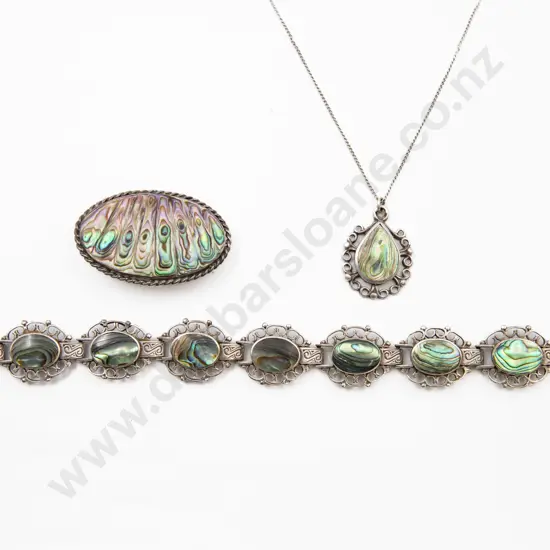 S/S and Paua Bracelet with Pendant and Brooch