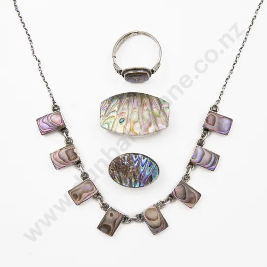 S/S and Paua Necklet Two Brooches and Ring