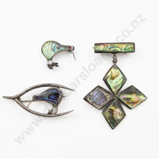 S/S and Paua Two kiwi Brooches and Pendant Brooch