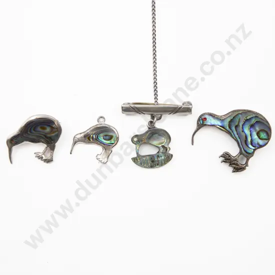 S/S and Paua Three Kiwi Brooches and Kiwi Charm