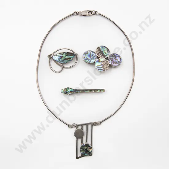 S/S and Paua Modern Design Choker Necklet and Three Brooches