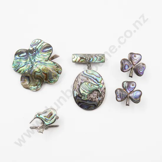NZ S/S and Paua Lucky Four Leaf Clover Brooch