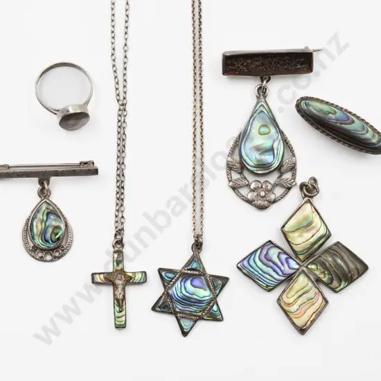 S/S & Paua Cross and Star of David Pendants Three Pendants and Brooch