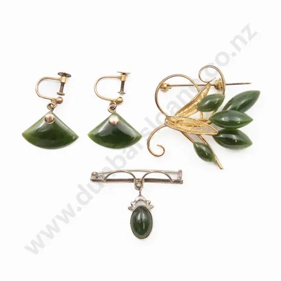 Pair Gold Plate Mounted Greenstone Fan Panel Pendant Earrings