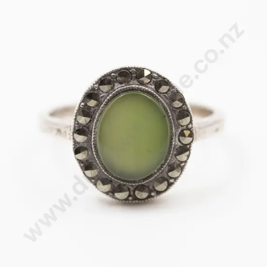 S/S Greenstone and Marcasite Dress Ring