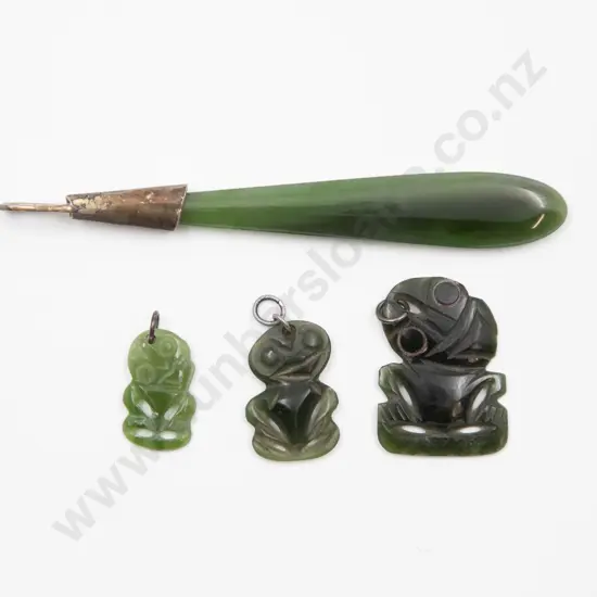 Three Small Greenstone Tiki Charms and Pendant