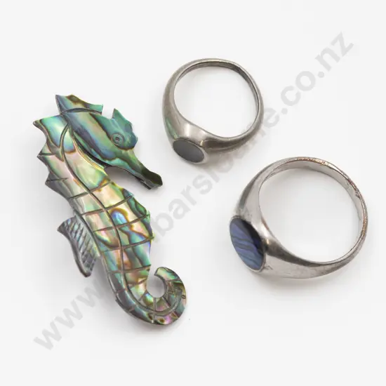 Paua Seahorse Brooch and Two S/S and Paua Rings