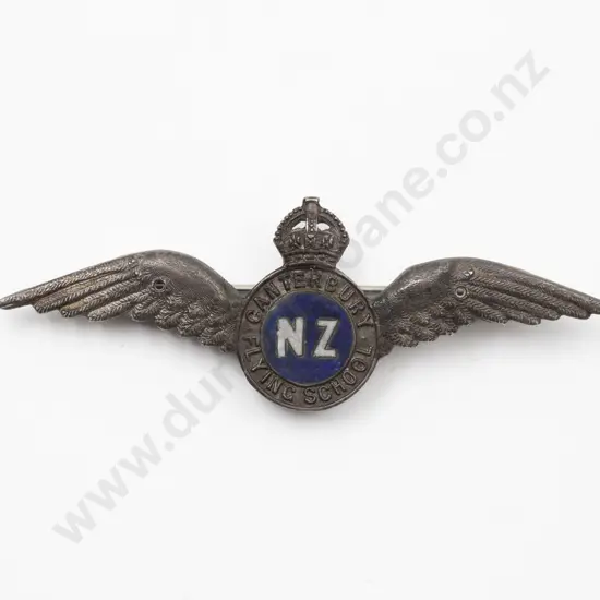 White Metal and Enamel NZ Canterbury Flying School 'Wings' Brooch