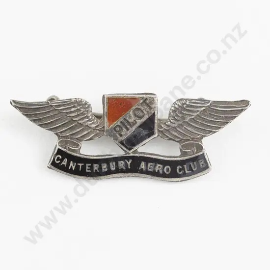 NZ Silver and Enamel Pilot Canterbury Aero Club Wings Brooch