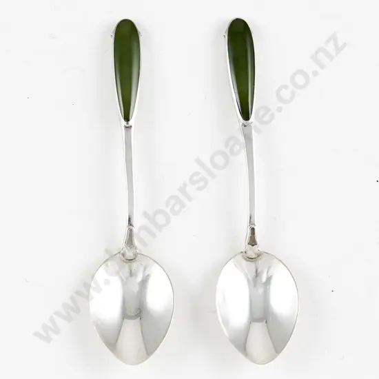 Two NZ Silver & Greenstone Handled Demi-Tasse Coffee Spoons