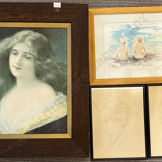 Pair of Pencil Portraits By Pearl Anderson Together with Two Other Framed Works