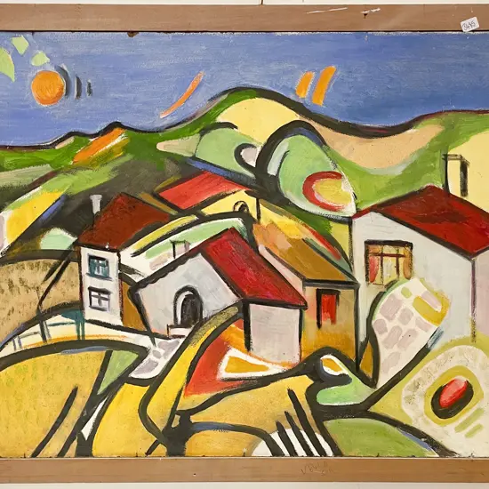 Oil Abstract Architectural Work with Painted Reverse