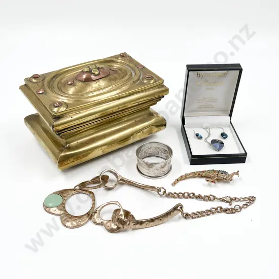 Brass Jewellery Box with Assorted Costume Jewellery and Silver Napkin Holder