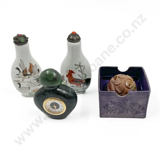Two Chinese Snuff Bottles Green Jasper Stone Clock and other