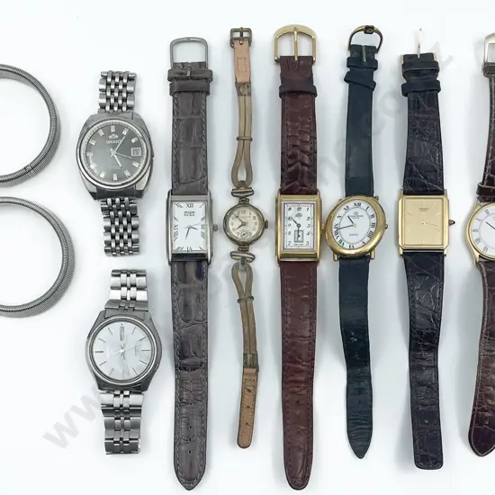 Collection Eight Various Wrist Watches and Pair Sleeve Garters