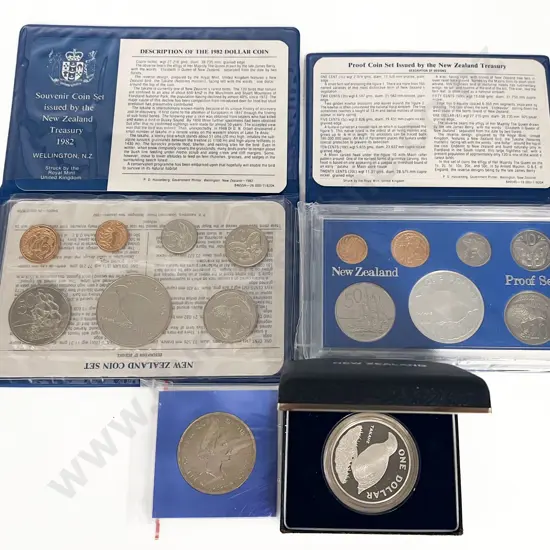 NZ 1982 Proof & Unci Coin Sets with Unci $1 Silver Proof $1