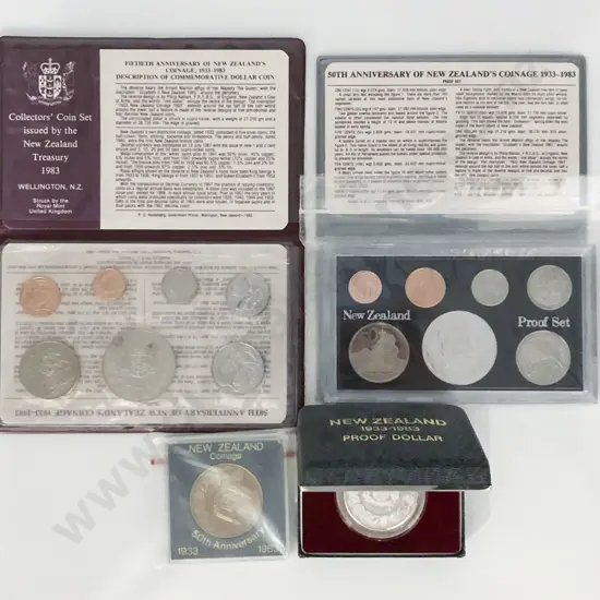 NZ 1983 Proof & Unci Coin Sets with Unci $1 Silver Proof $1