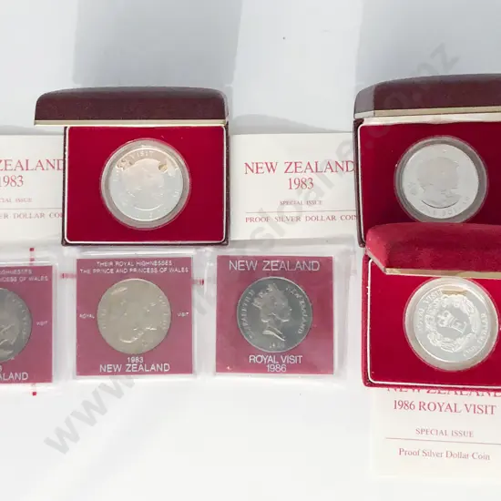 NZ 1983 Royal Visit Proof Silver $1 x2 and Unci $1 x2 1986 Proof Silver $1 and Unci $1