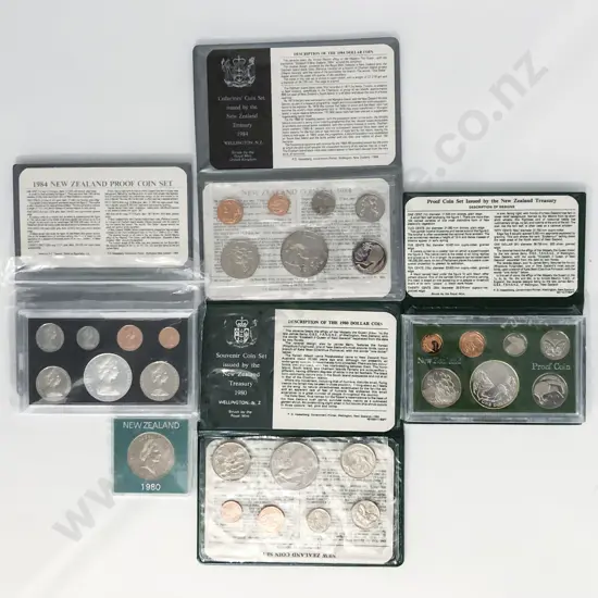 NZ 1980 & 1984 Proof and Unci Coin Sets with 1980 Unci $1