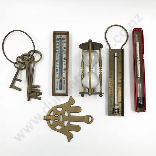 Small Box of Assorted Vintage Including Thermometers and Hour Glass etc