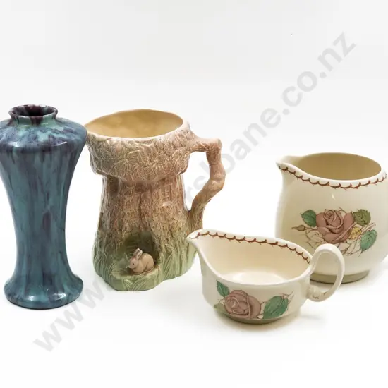 Sylvac Jug with Ruskin Style Vase and Two Susy Cooper Jugs