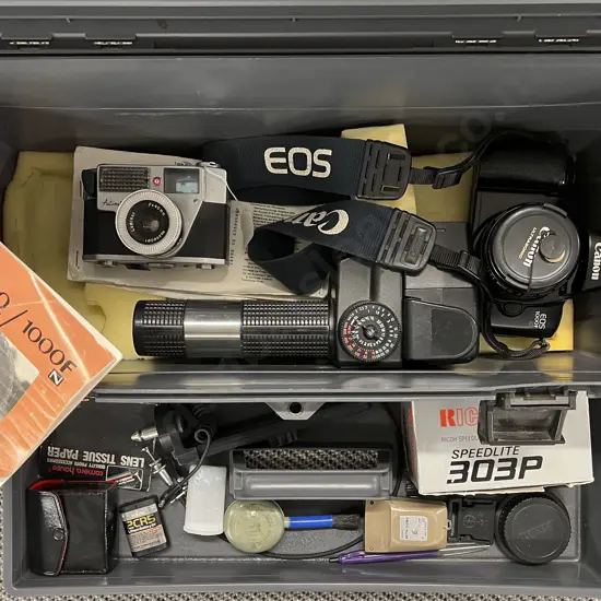 Canon EOS 1000F with Various Accessories in Tool Box