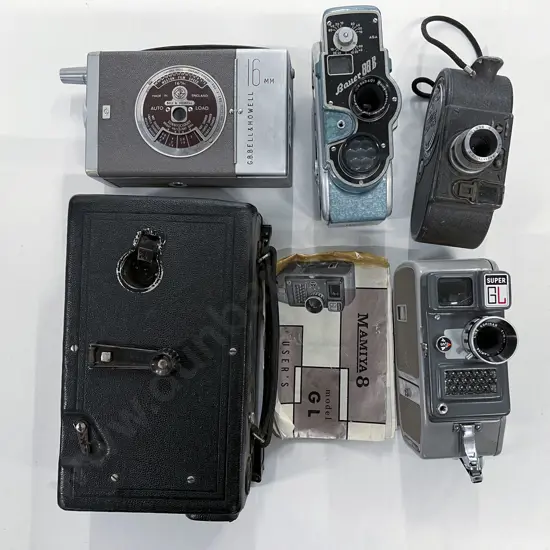 Five Movie Cameras Including Bauer 88B and Bell & Howell Autoload