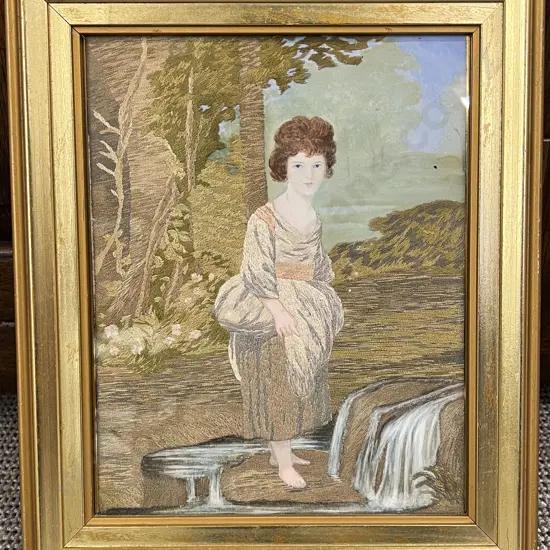 Antique Mixed Media Needlepoint and W/C of Lady