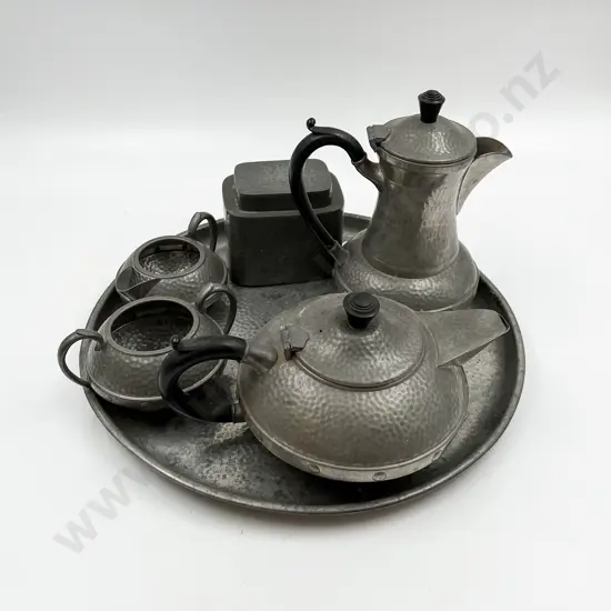 Four Piece Pewter Coffee Set Together with Tray and Tin