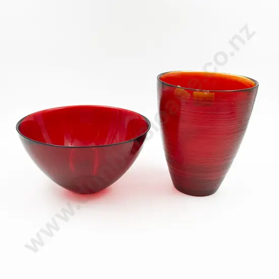 Orrefors Ruby Glass Bowl Together with Other Art Glass Vase