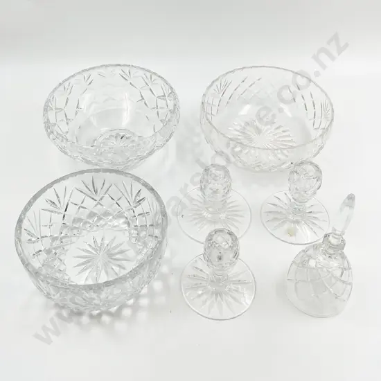 Three Crystal Fruit Bowls Including Webb and Corbett with Three Crystal Candle Holders etc