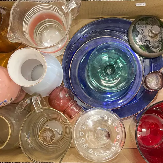 Box of Assorted Coloured and Handpainted Glssware (Faults)