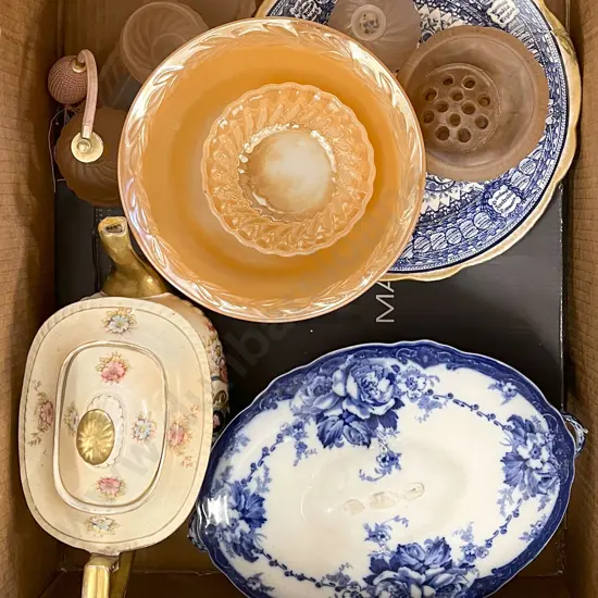 Box of Assorted Including Fancy China and Pressed Glassware etc