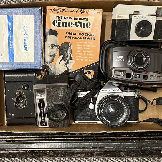 Box of Assorted Vintage Cameras Including Pentax Vintage Tripod