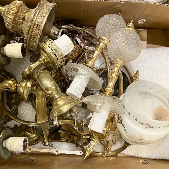 Box of Assorted Vintage Brass Light Fittings