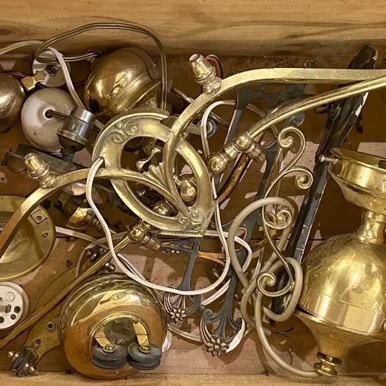 Box of Assorted Vintage Brass Light Fittings