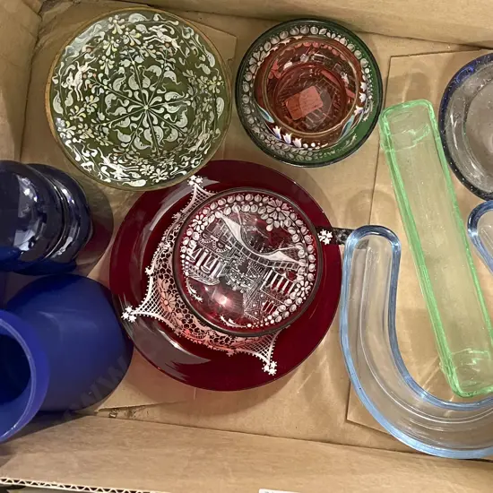 Box of Assorted Coloured Glassware