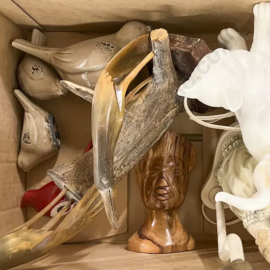 Box of Assorted Animal Ornaments Together with Ornamental Lamp