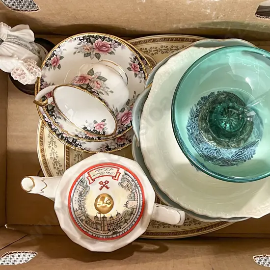 Box of Assorted Fancy China Together with Figure and Blue Glass Dish