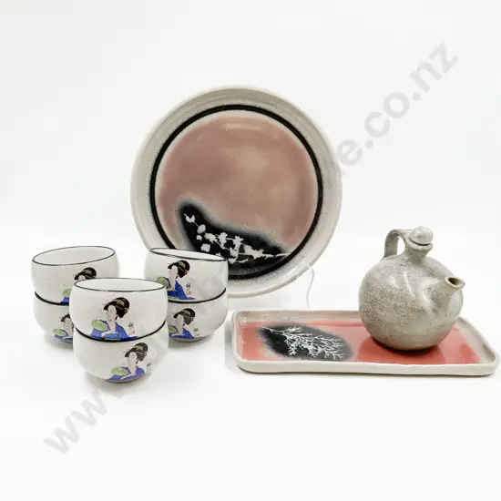 Three Pieces of Assorted Pottery Together with Six Japanese Stoneware Cups