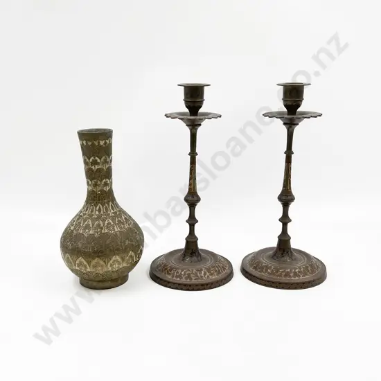 A Pair of Brass Enamelled Candle Sticks Together with Vase
