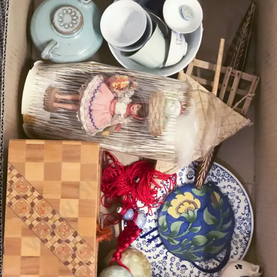 Box of Assorted China and Ornaments