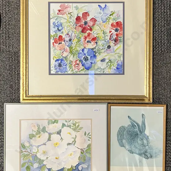 Two W/C Floral Still Life's Together with Print