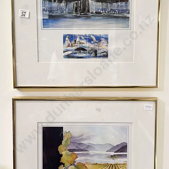 Two Framed NZ Stamp Displays with Associated Artwork