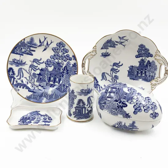 Five Pieces of Coal Port Willow Pattern Including Egg Shaped Dish (Hairline Crack)